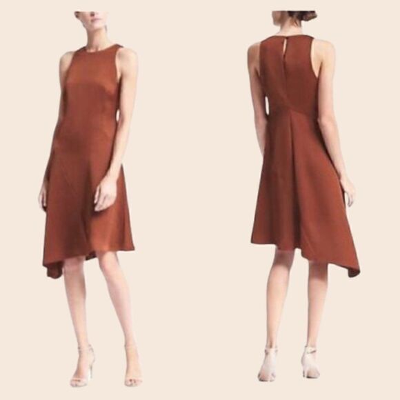 Banana Republic Bias Cut Asymmetrical Brown Rust Sleeveless Midi Dress Size 4 - Picture 1 of 13